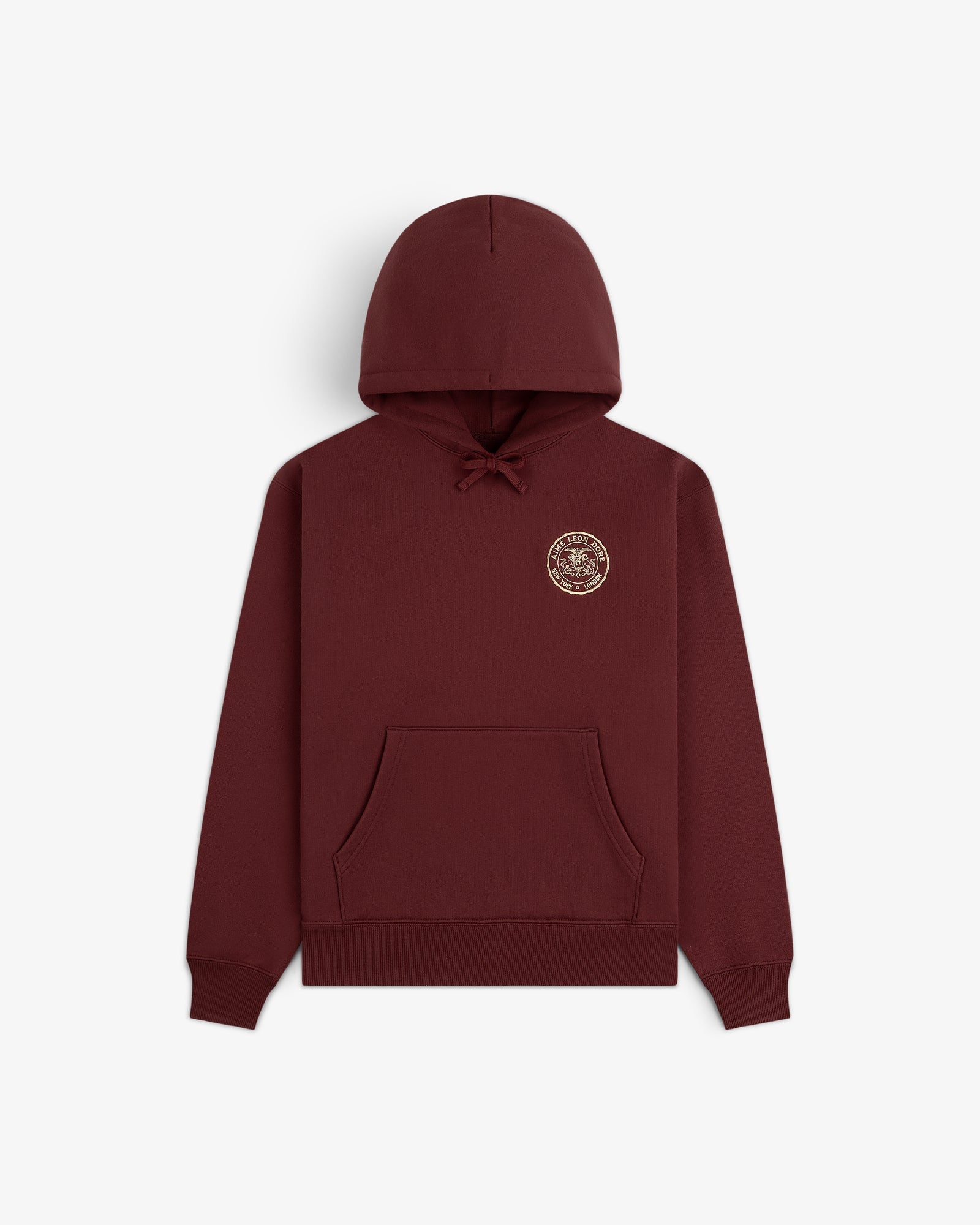 Signet Logo Hoodie in maroon with front pocket and small left chest emblem, shown on a white background.
