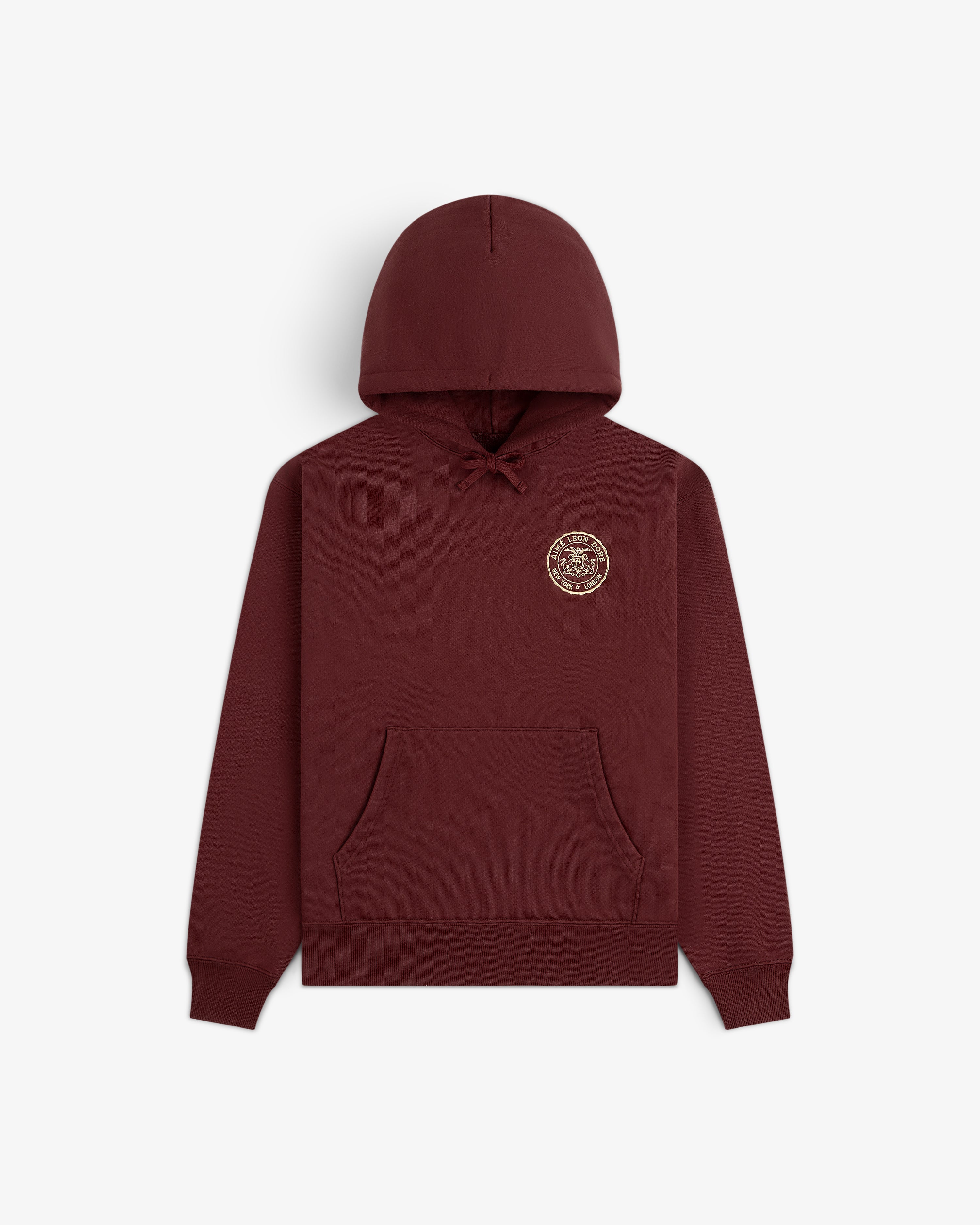 Signet Logo Hoodie in maroon with front pocket and small left chest emblem, shown on a white background.