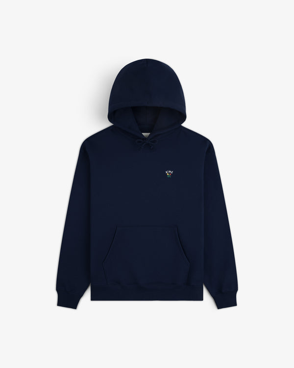 Navy blue Crest Hoodie featuring a front pocket and a small embroidered logo on the left chest.