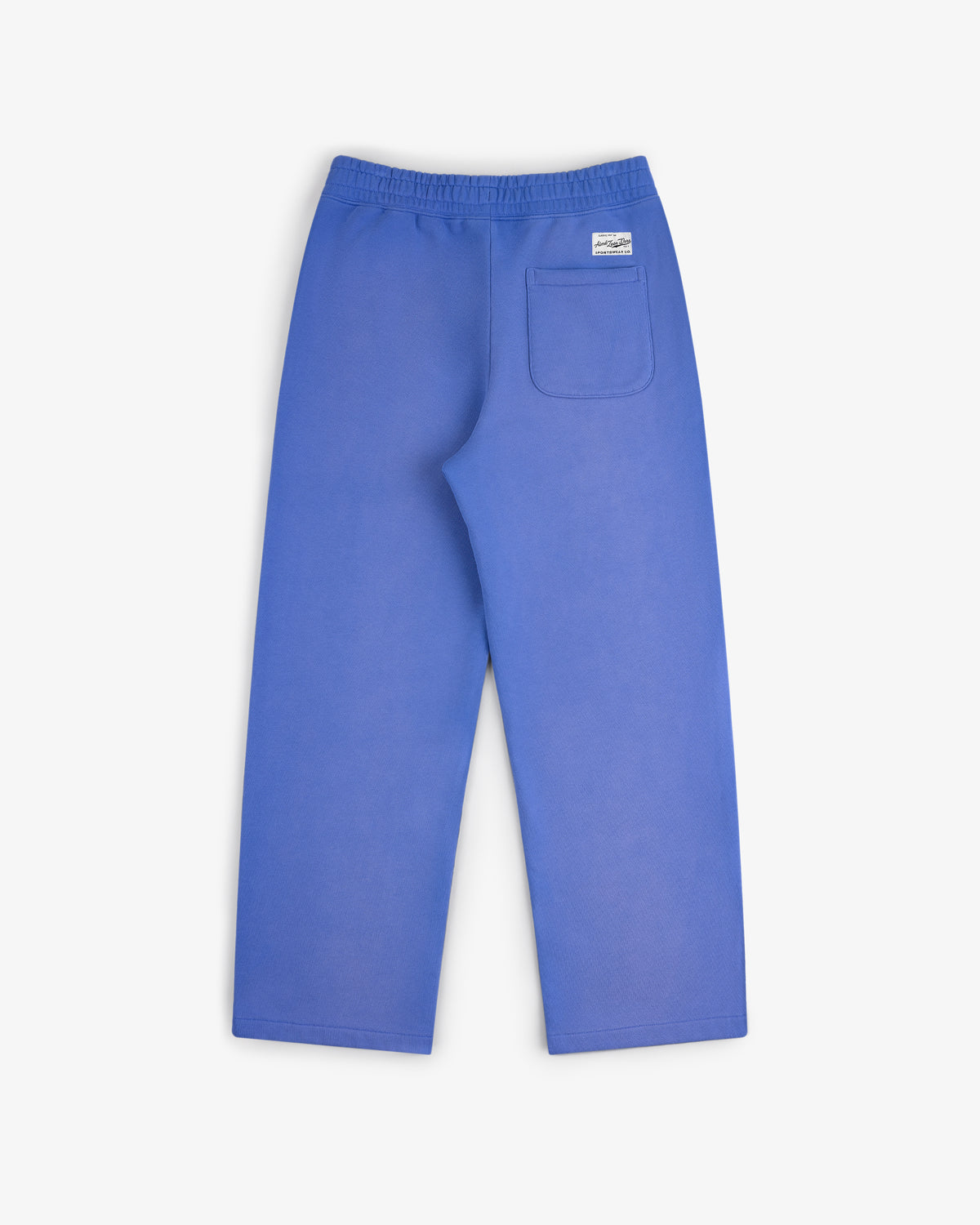 Sun Faded Sweatpants in bright blue with an elastic waist and one back patch pocket, shown on a white background.