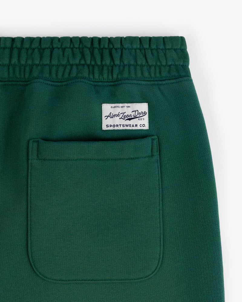 Close-up of Sun Faded Sweatpants in green with elastic waistband, back pocket, and white sportswear label above pocket.