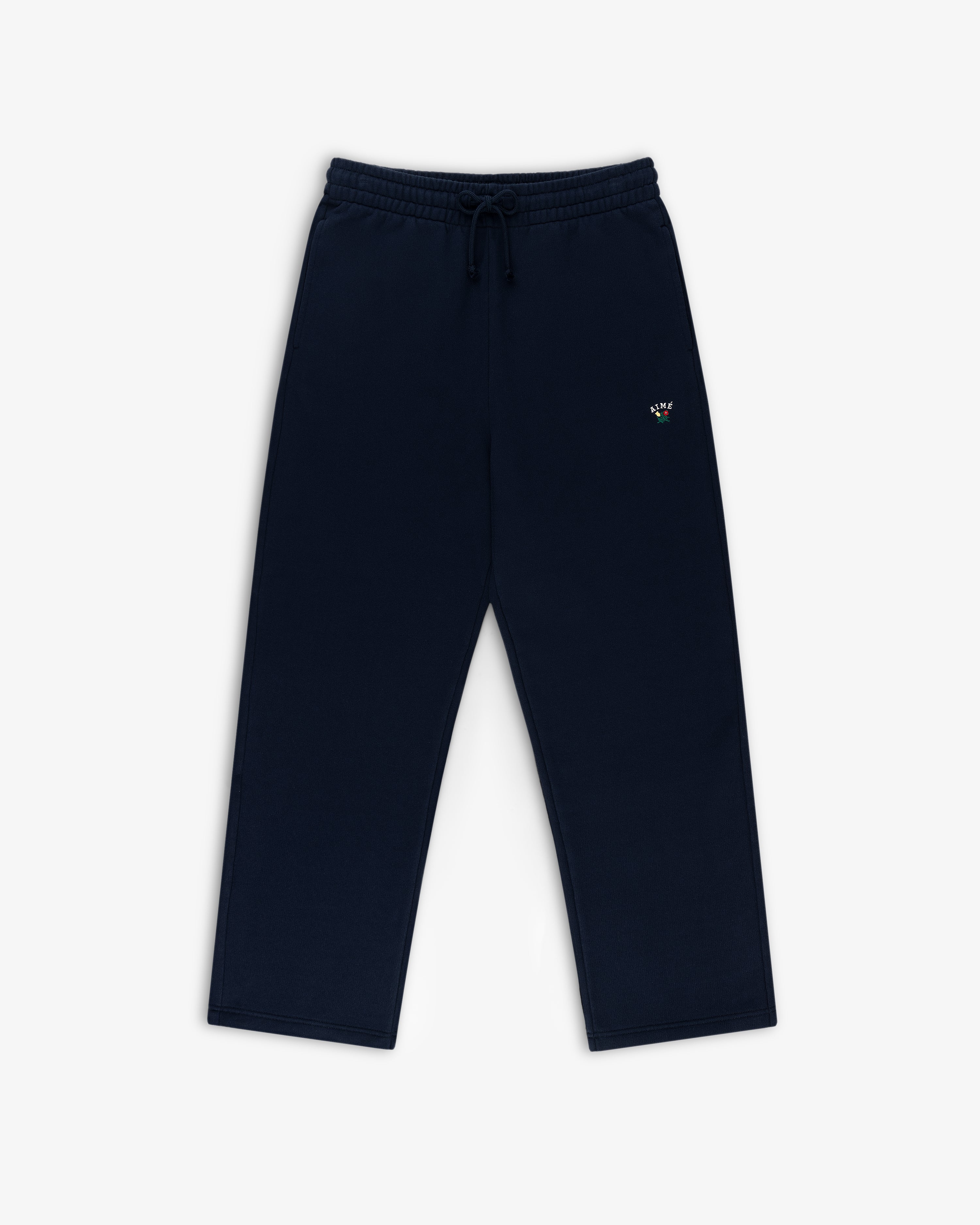 Crest Sweatpants: navy blue, elastic waistband, drawstring, small embroidered logo on left thigh.
