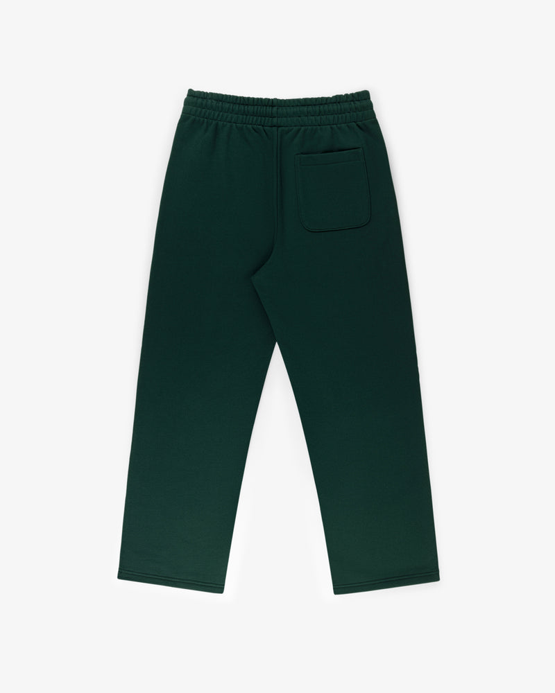 Crest Sweatpants in dark green with an elastic waistband and single back pocket, laid flat on white background.