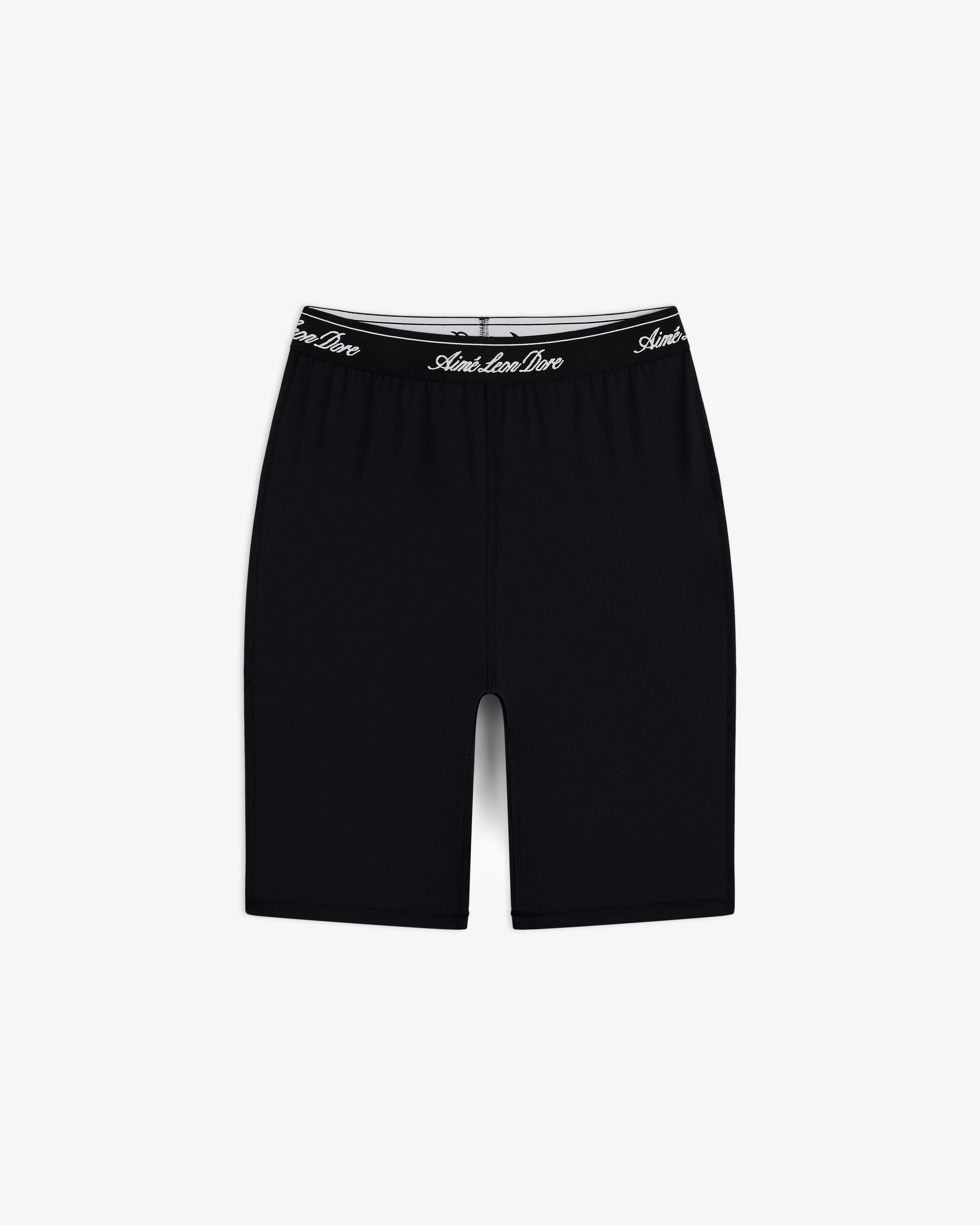 Logo Biker Short in black with a high waist and Ami Ami Paris text on the waistband, shown on a white background.