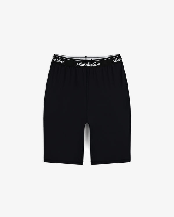 Logo Biker Short in black with a high waist and Ami Ami Paris text on the waistband, shown on a white background.