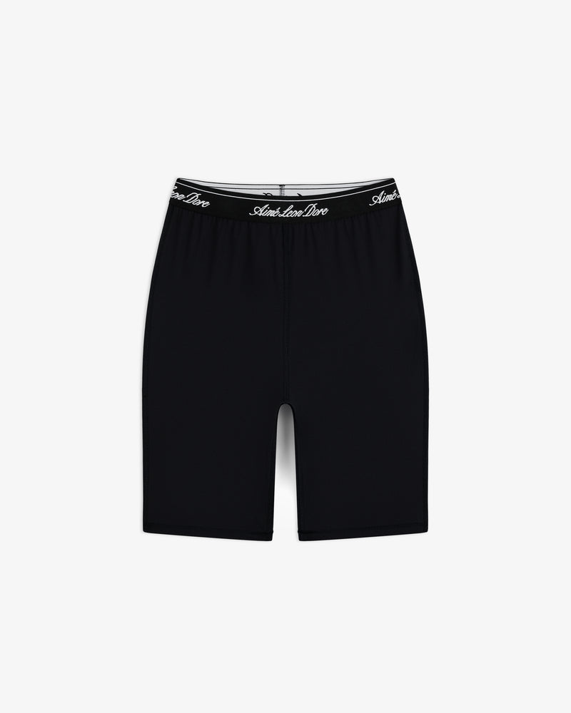 Logo Biker Short in black with a high waist and Ami Ami Paris text on the waistband, shown on a white background.