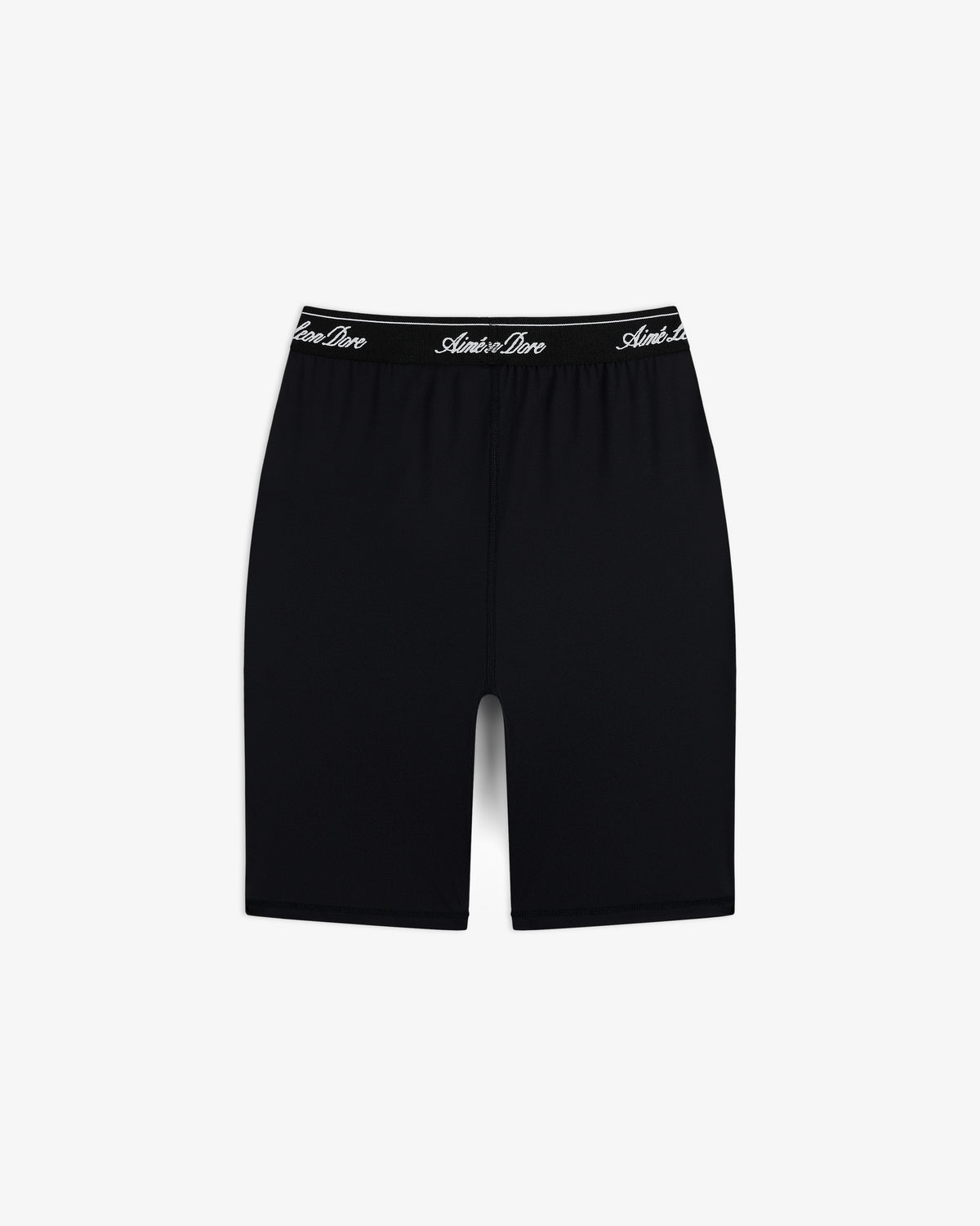 Logo Biker Short: black athletic mid-thigh shorts with a black elastic waistband and white script text.