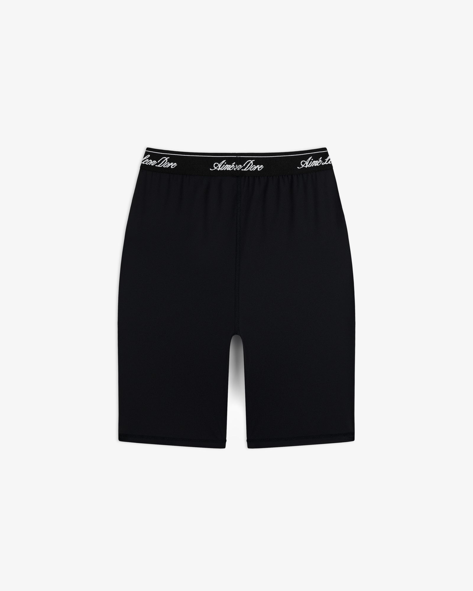Logo Biker Short: black athletic mid-thigh shorts with a black elastic waistband and white script text.