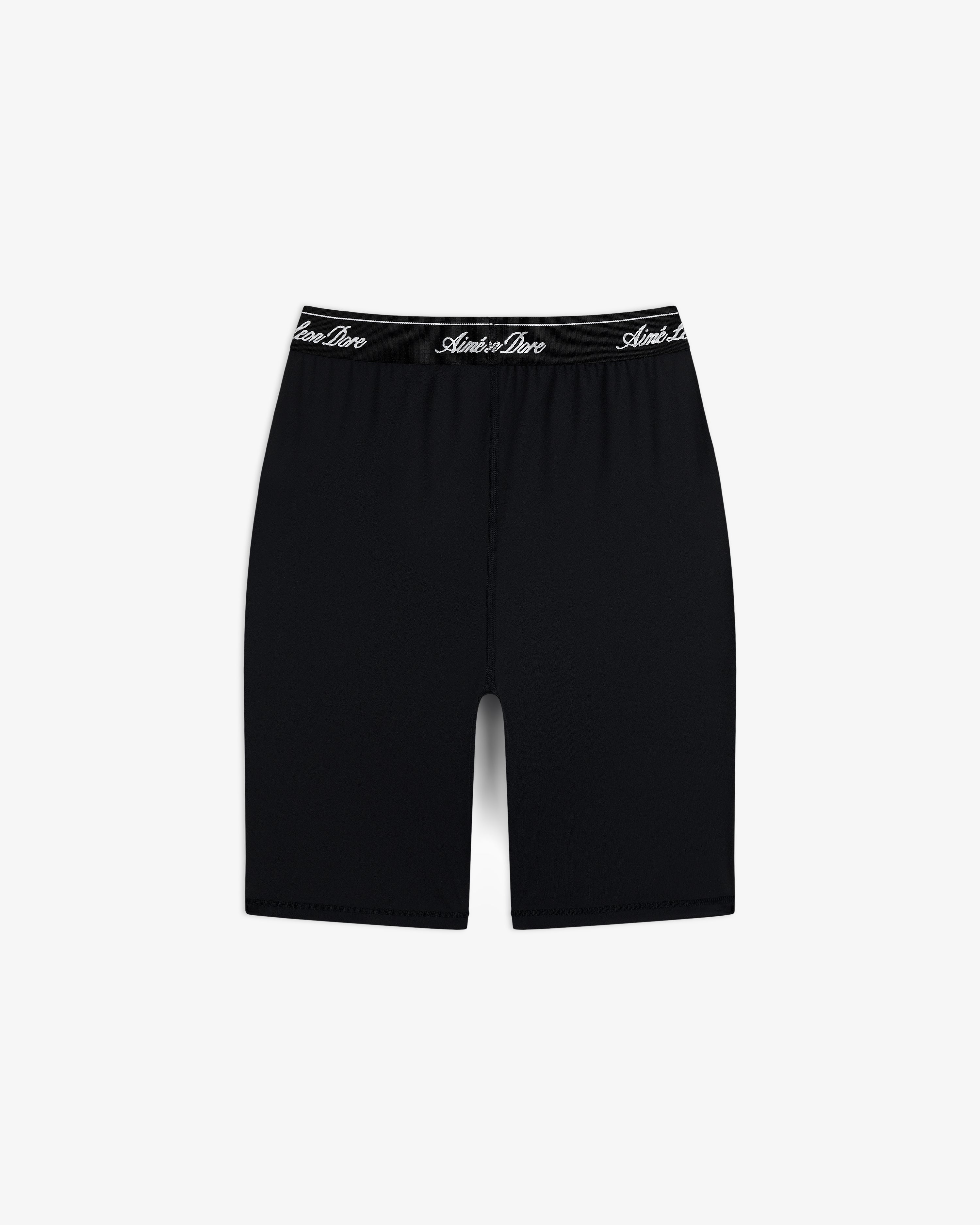 Logo Biker Short: black athletic mid-thigh shorts with a black elastic waistband and white script text.