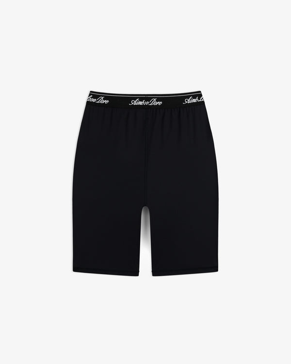 Logo Biker Short: black athletic mid-thigh shorts with a black elastic waistband and white script text.