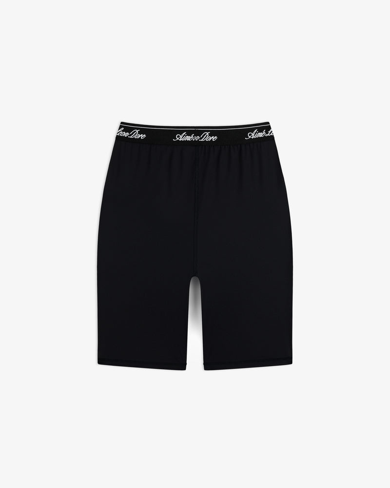 Logo Biker Short: black athletic mid-thigh shorts with a black elastic waistband and white script text.