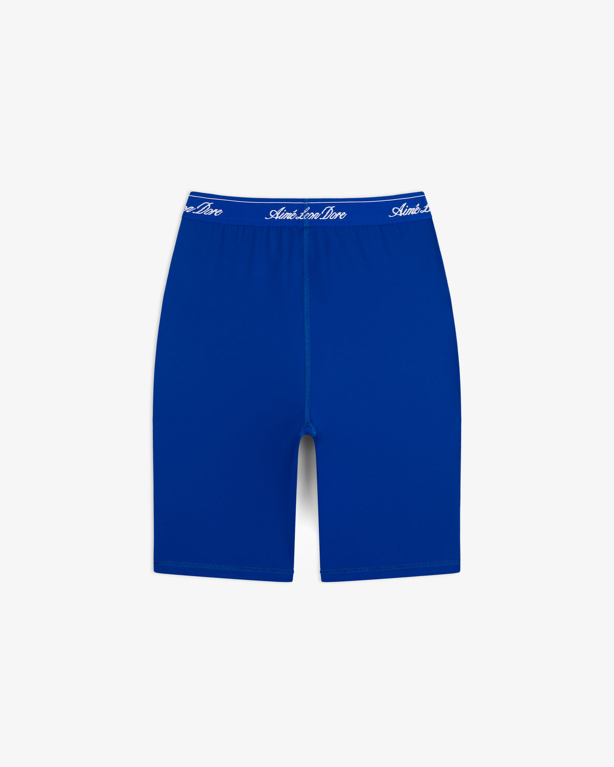 Logo Biker Short in blue with mid-thigh cut and branded elastic waistband shown on a plain white background.