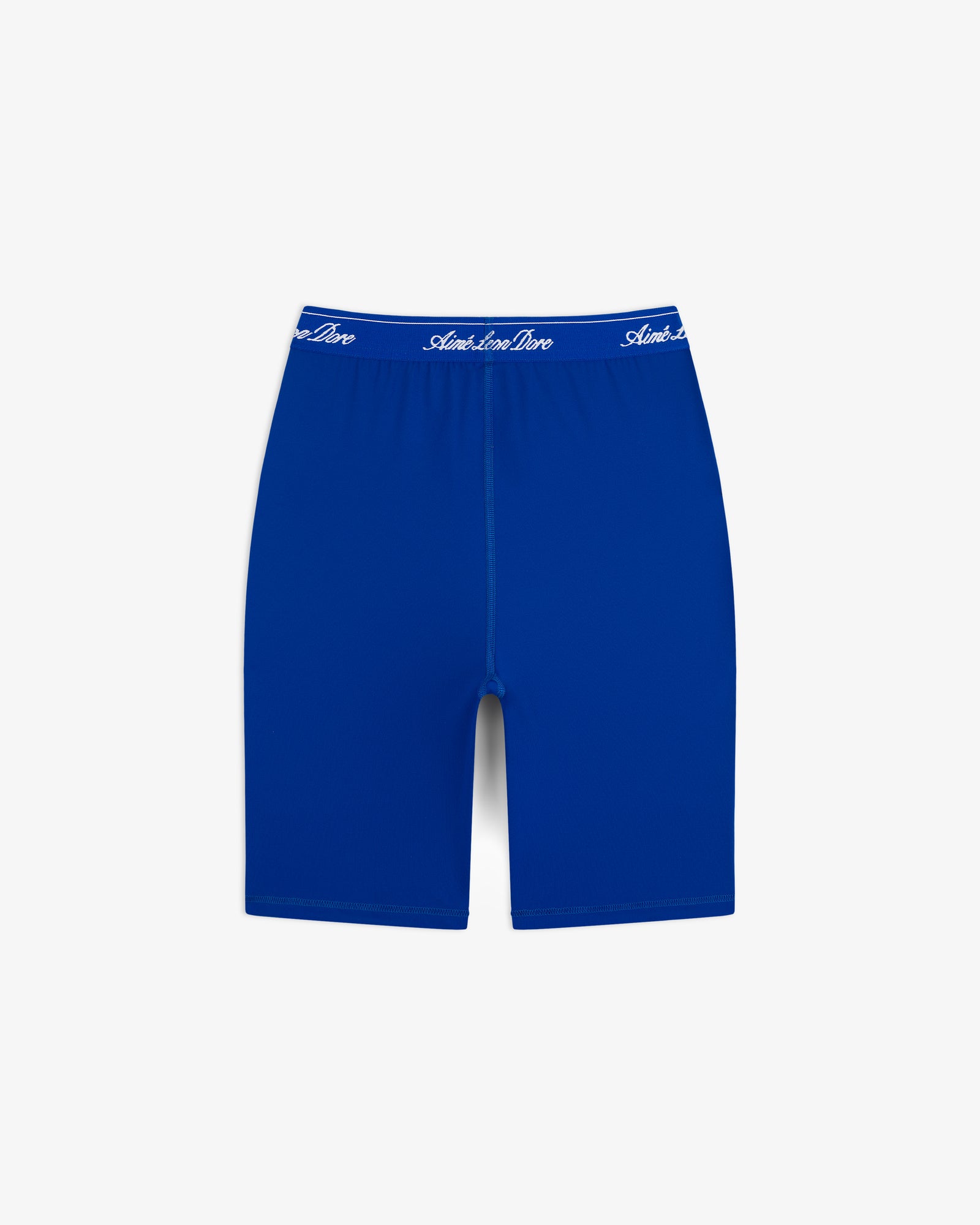 Logo Biker Short in blue with mid-thigh cut and branded elastic waistband shown on a plain white background.
