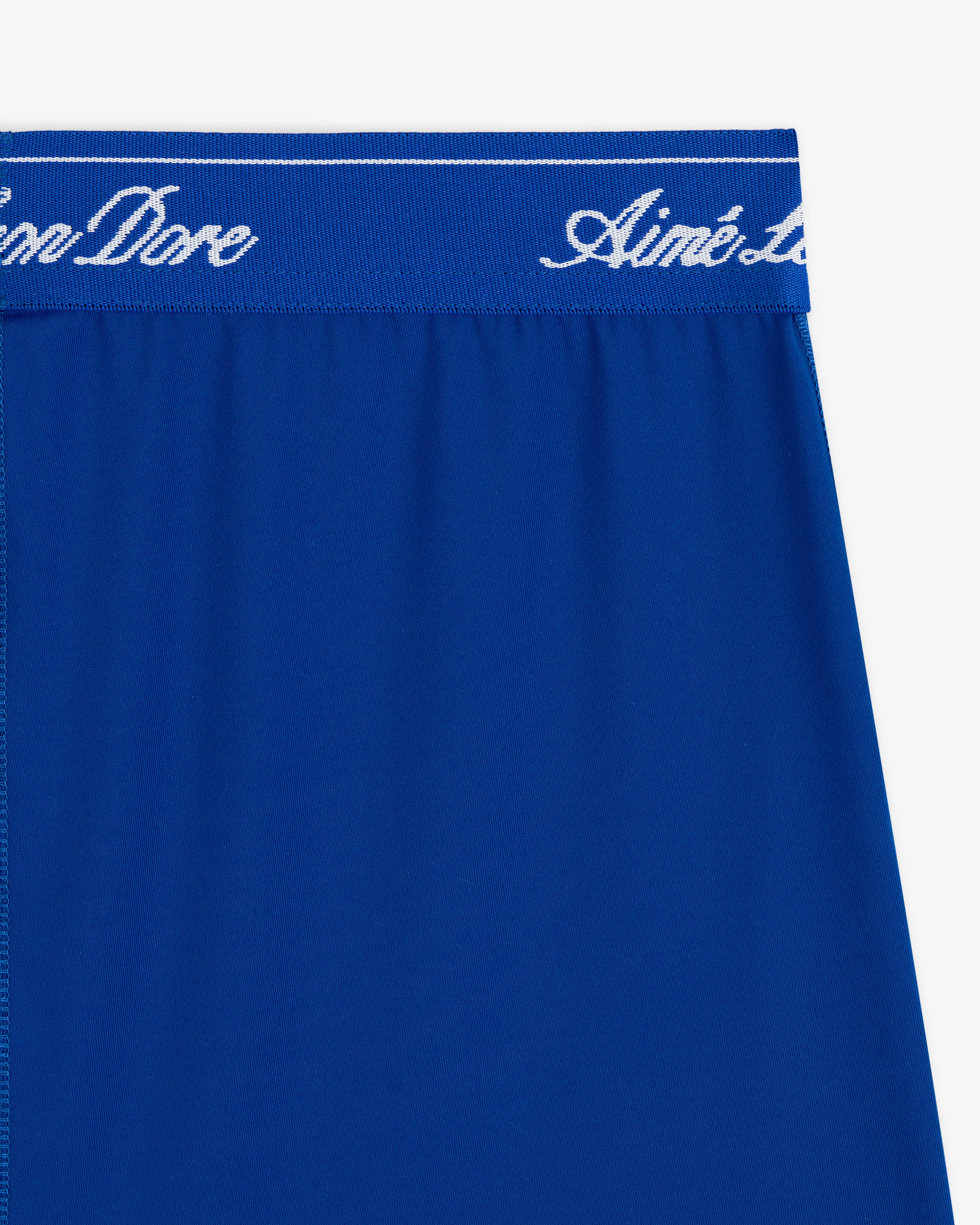 Close-up of Logo Biker Short in blue, featuring a waistband with white cursive Aimé Leon Dore text.