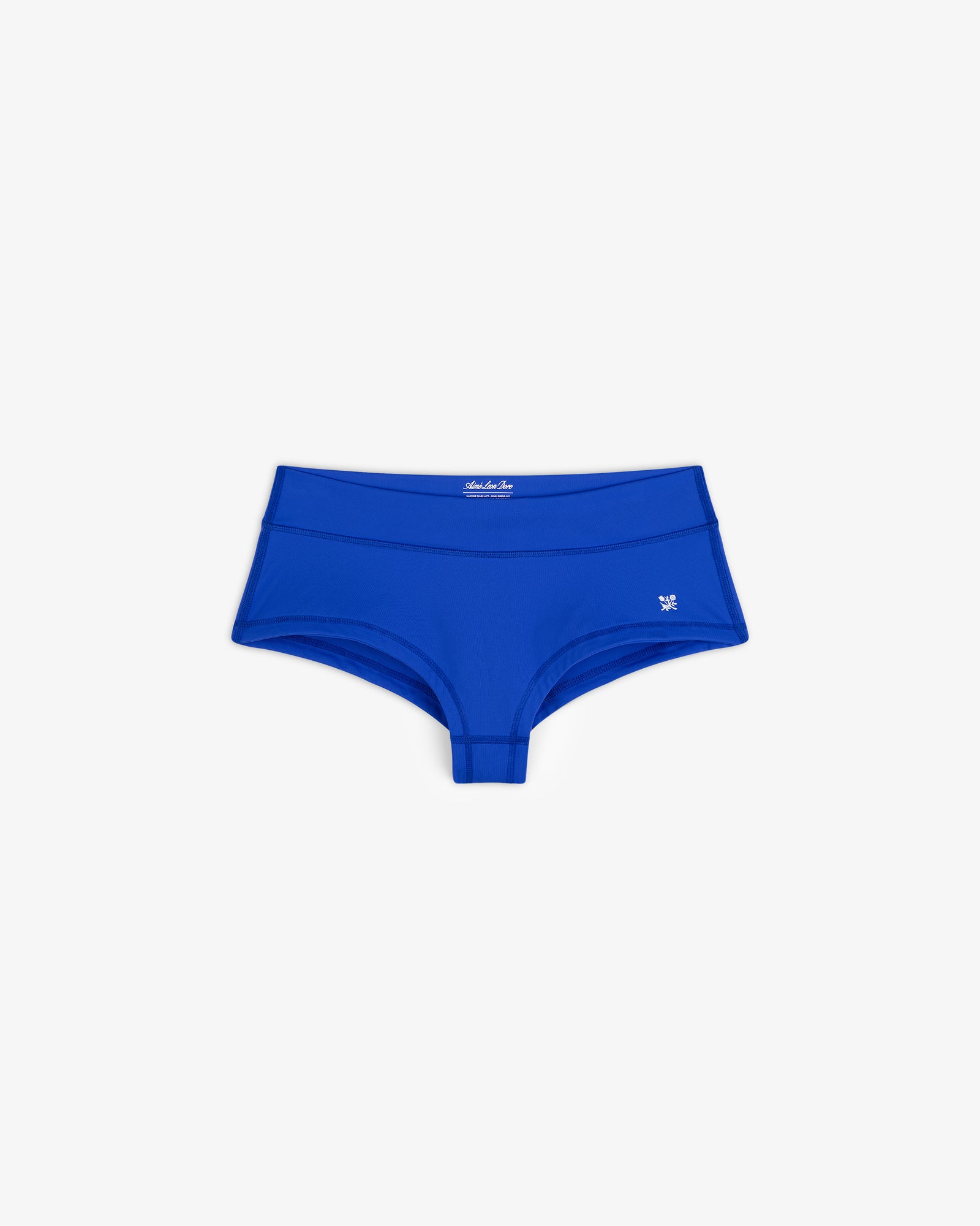 Crest Swim Short for women in bright blue, shown laid flat on a white background.