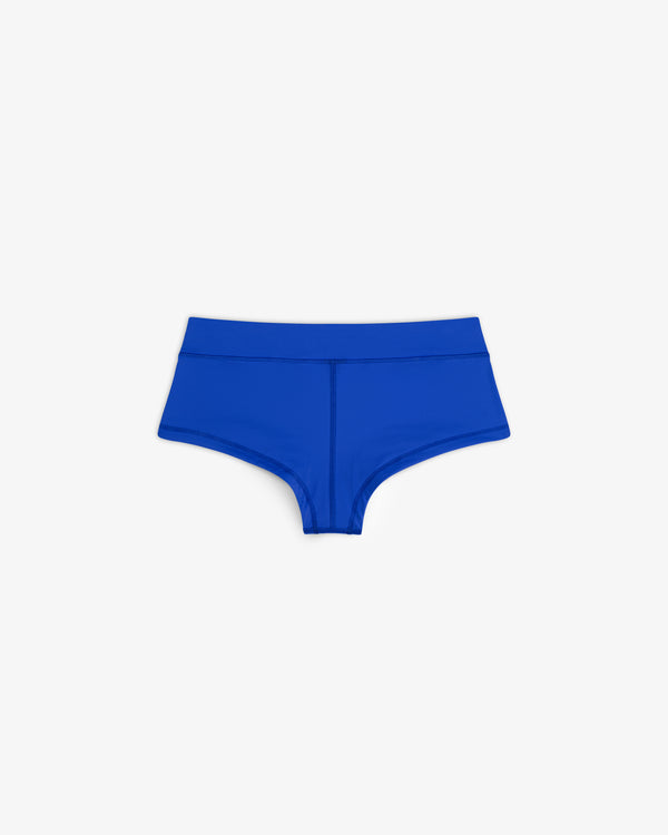 Bright blue Crest Swim Short with a wide waistband, displayed flat on a white background.