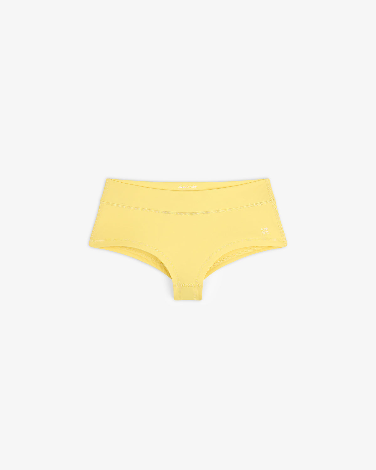 Yellow Crest Swim Short for women laid flat on a white background.