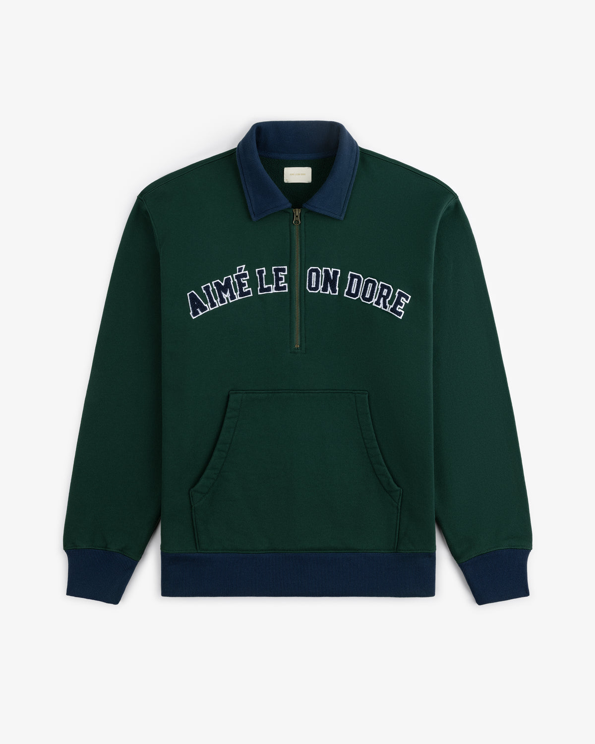 Collegiate Quarter Zip Pullover in dark green with navy collar and cuffs, AIMÉ LEON DORE embroidered on chest.
