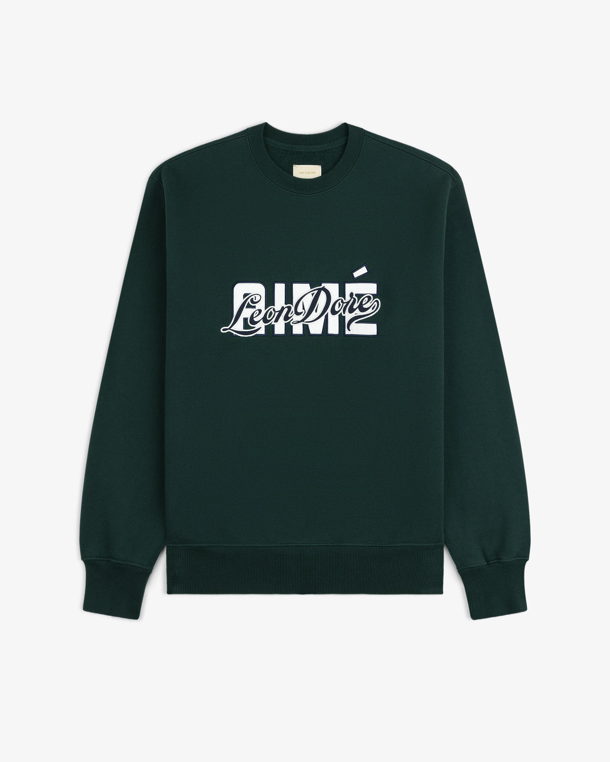 Dark green Overlay Logo Crewneck Sweatshirt with AIMÉ Leon Dore in white cursive text on the chest.