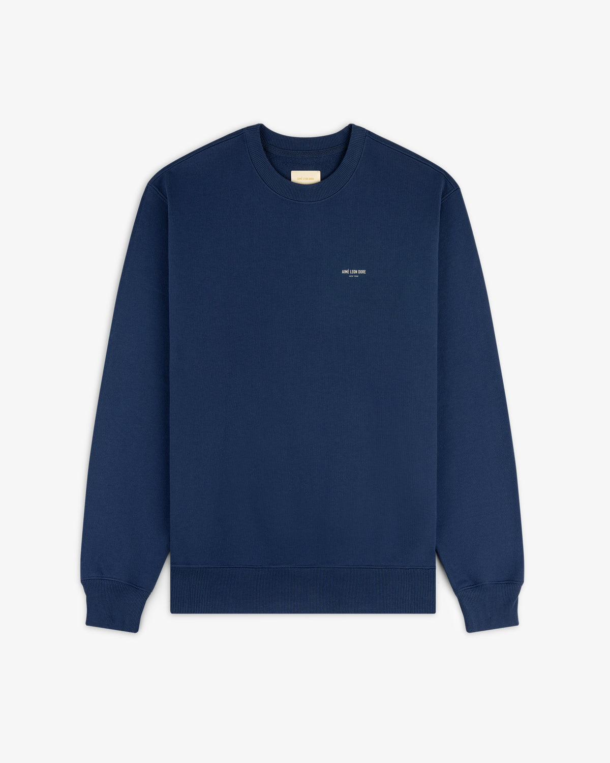Safari Crewneck Sweatshirt in navy blue with small white chest text, shown on a plain white background.