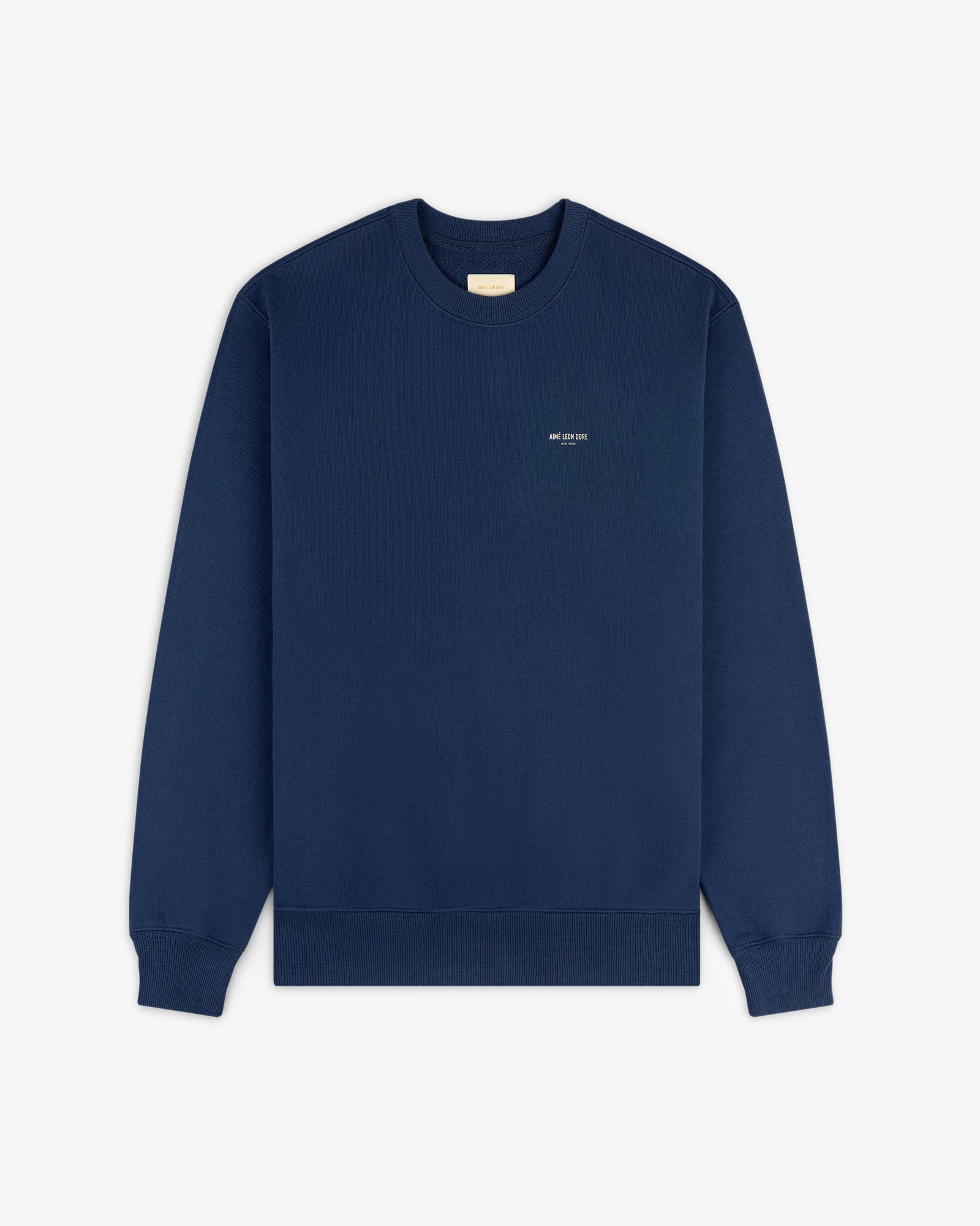 Safari Crewneck Sweatshirt in navy blue with small white chest text, shown on a plain white background.