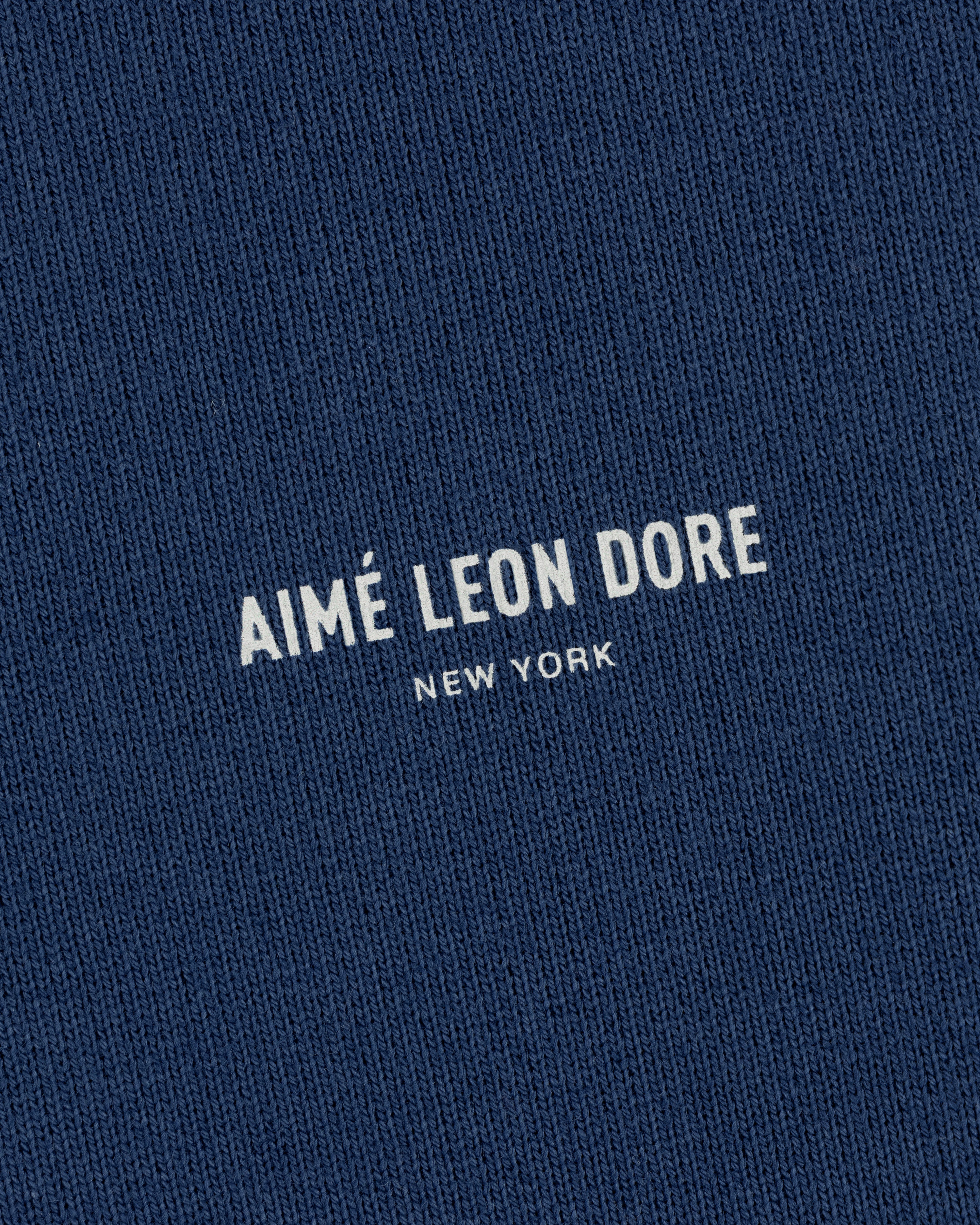 Blue textured Safari Crewneck Sweatshirt with AIMÉ LEON DORE NEW YORK printed in white at the center.