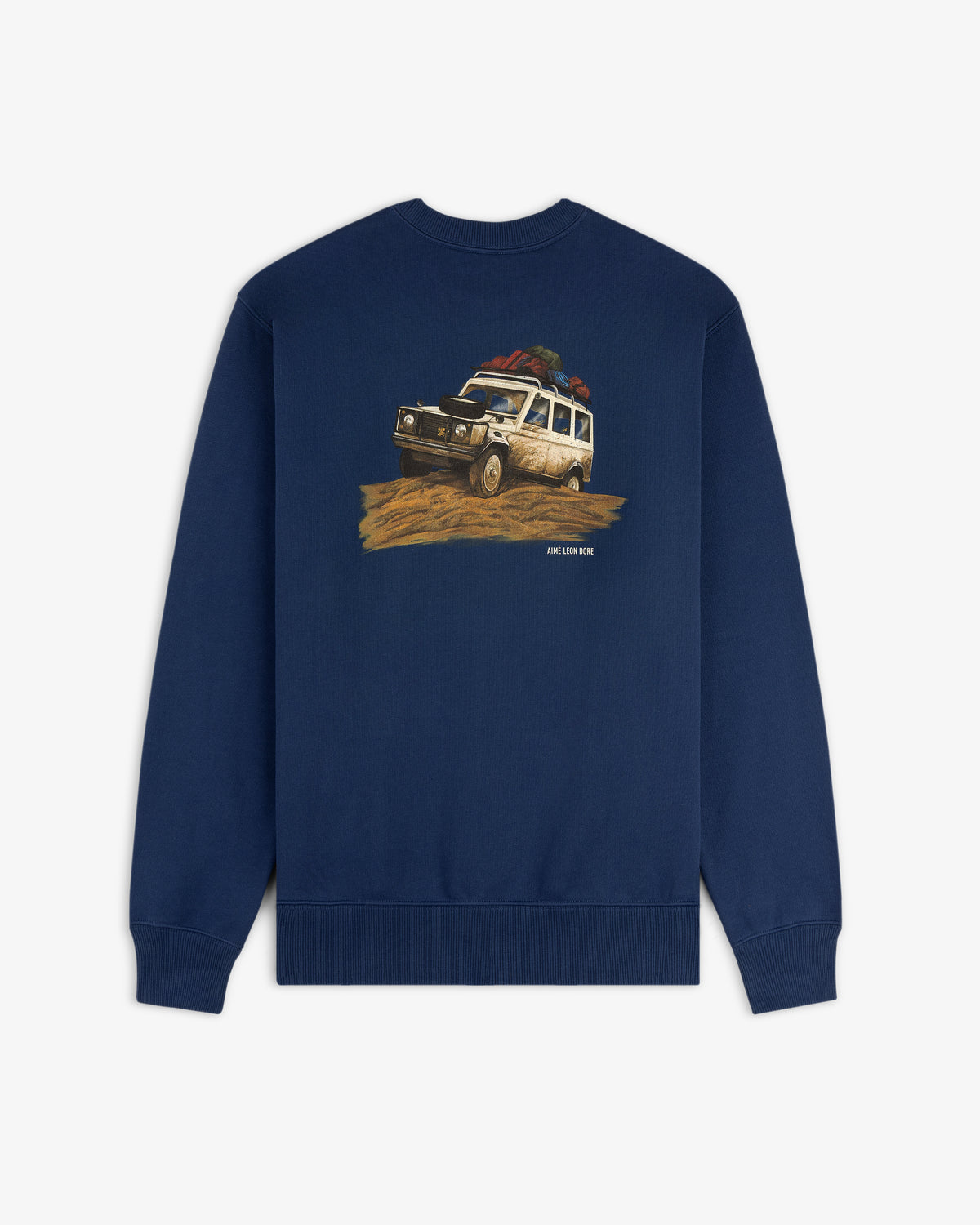 Safari Crewneck Sweatshirt in navy blue featuring an off-road vehicle illustration with rooftop supplies on a dirt path.