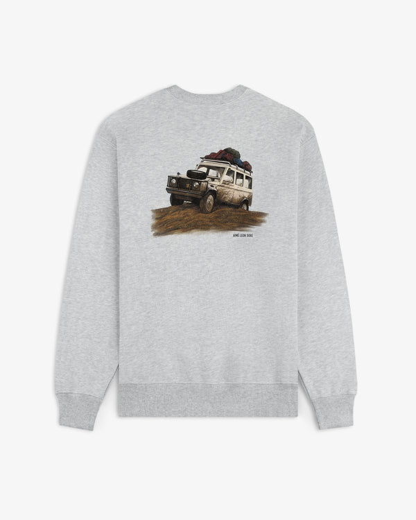 Safari Crewneck Sweatshirt in gray with a back print of an off-road vehicle loaded with gear.