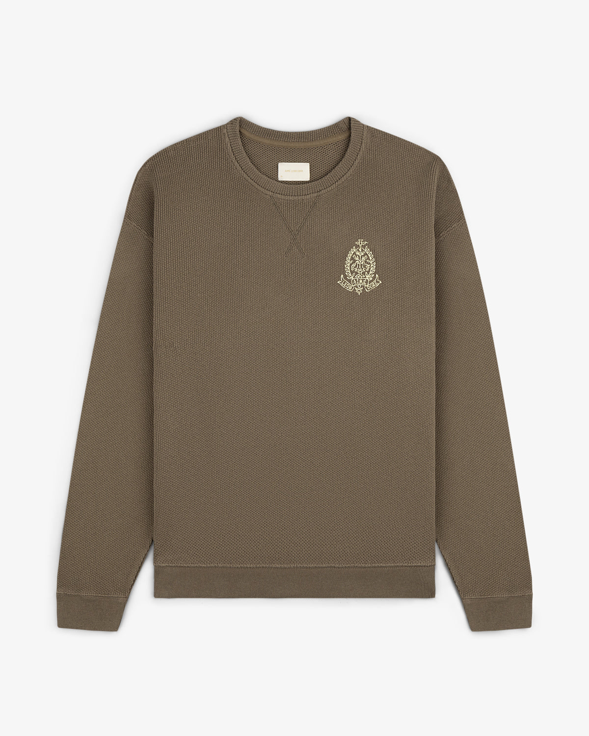 Saint George Piqué Crewneck Sweatshirt—brown, long sleeves, small embroidered logo on left chest.