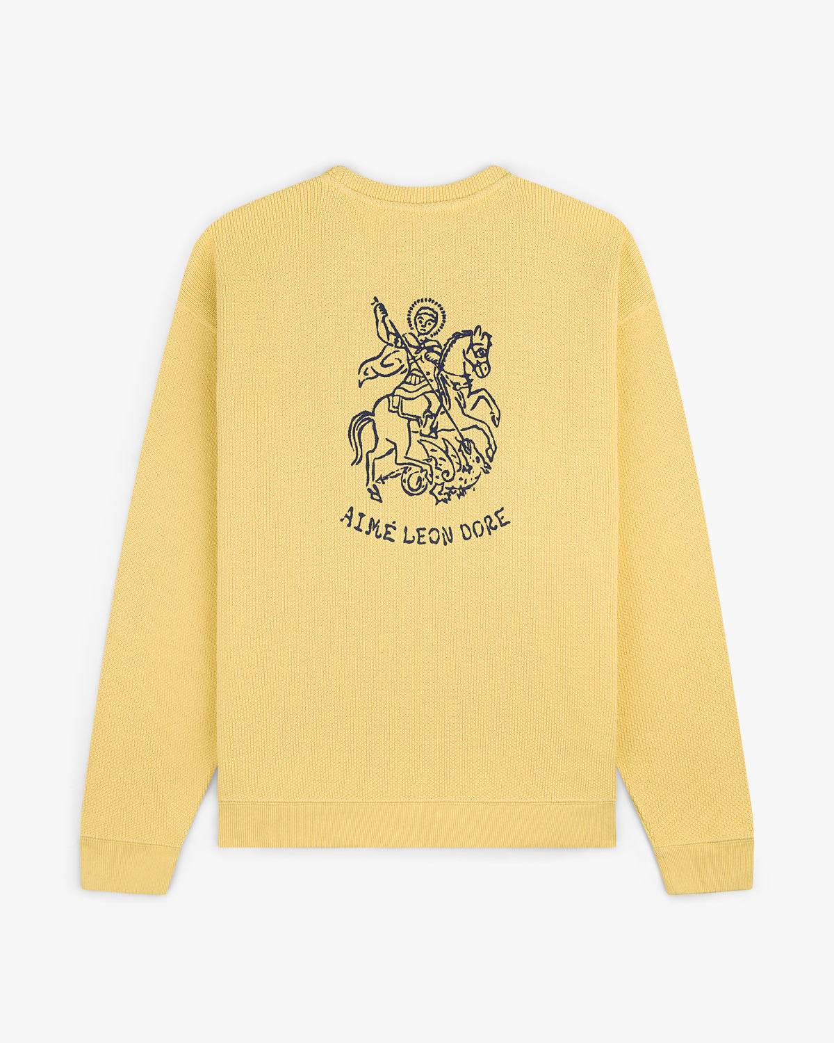 Yellow Saint George Piqué Crewneck Sweatshirt with a horse rider and AIME LEON DORE text on the back.