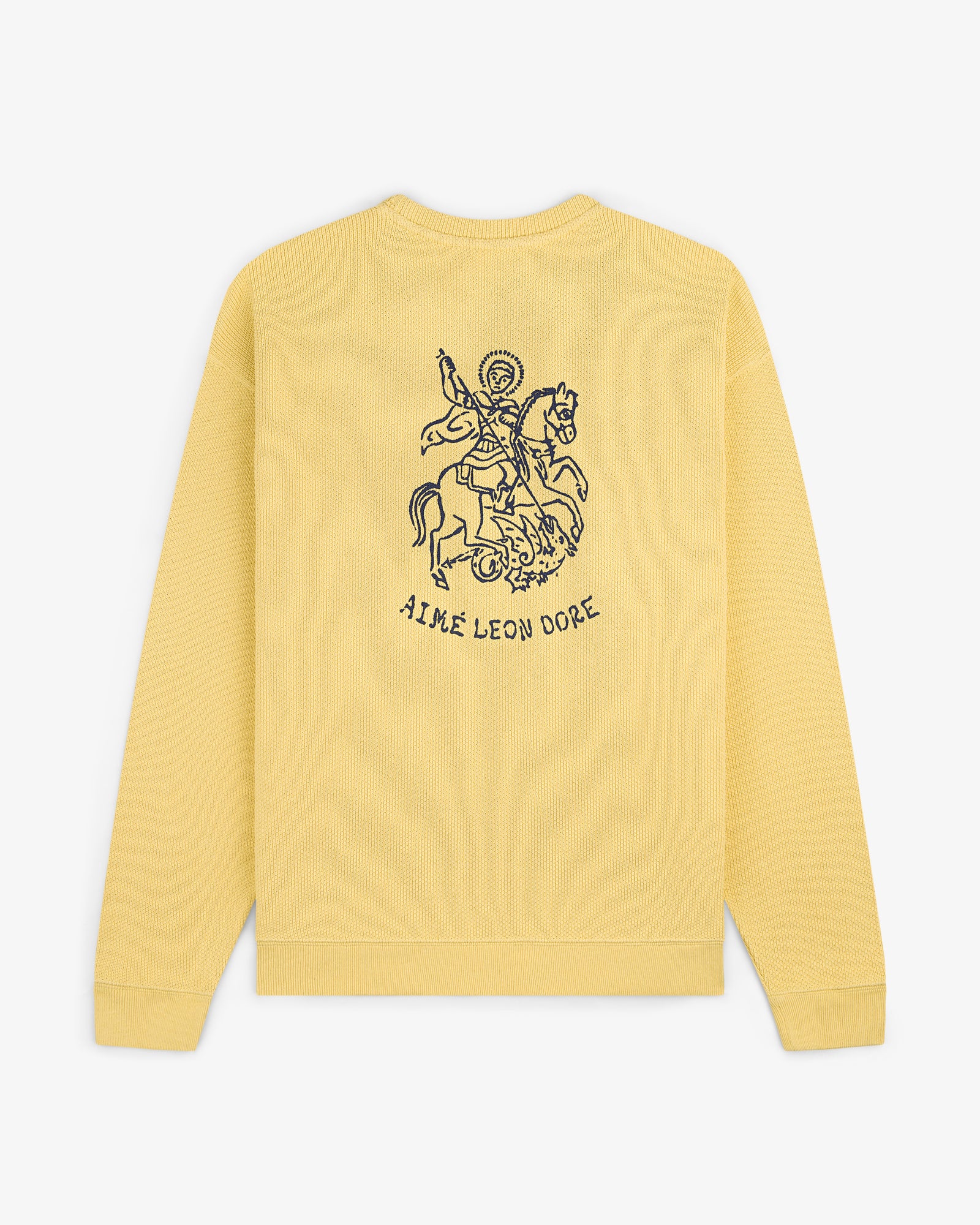 Yellow Saint George Piqué Crewneck Sweatshirt with a horse rider and AIME LEON DORE text on the back.