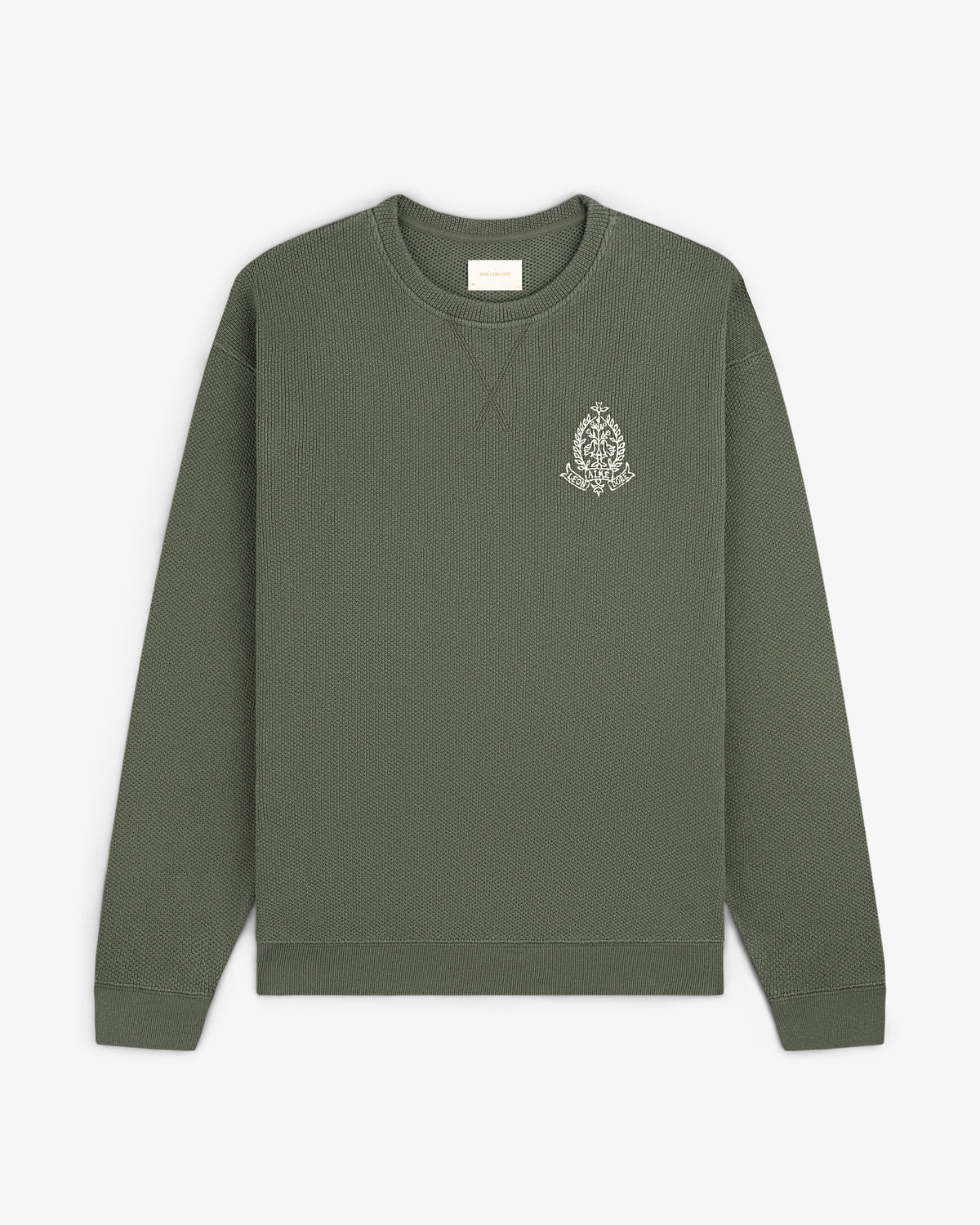 Saint George Piqué Crewneck Sweatshirt in olive green with a small white logo on the left chest, laid flat.