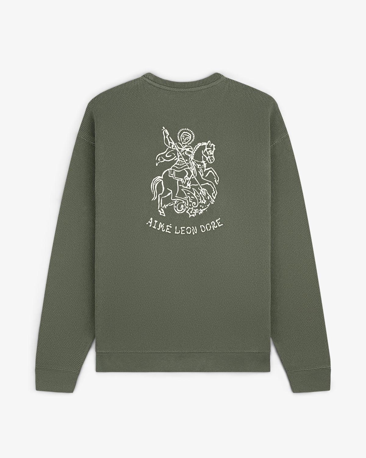 Saint George Piqué Crewneck Sweatshirt in olive with a knight graphic and AIMÉ LEON DORE text on the back.