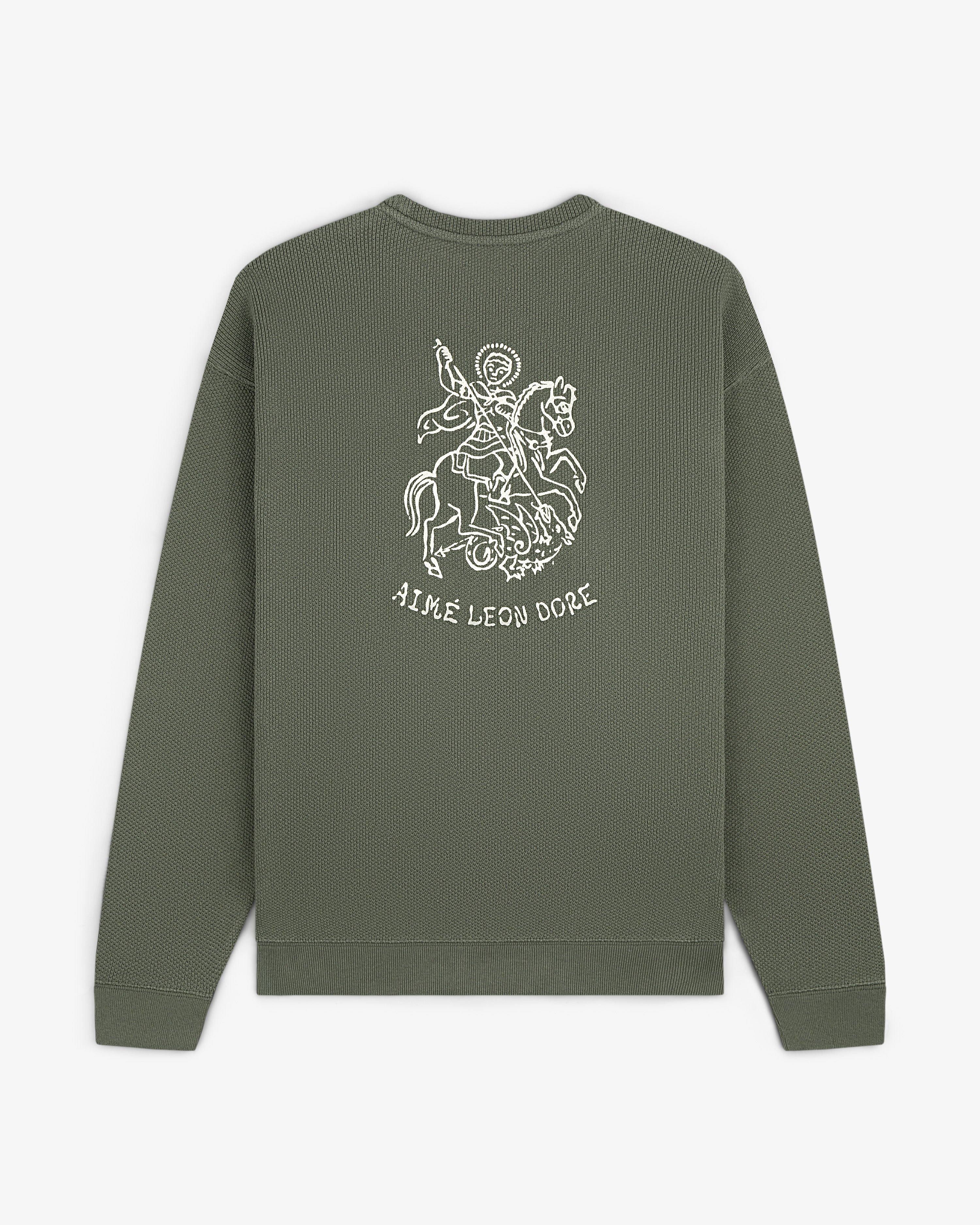 Saint George Piqué Crewneck Sweatshirt in olive with a knight graphic and AIMÉ LEON DORE text on the back.