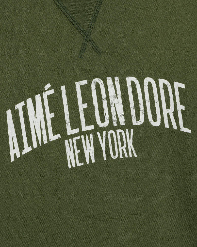 Green Vintage Washed Crewneck Sweatshirt with distressed white AIMÉ LEON DORE NEW YORK text in all caps.