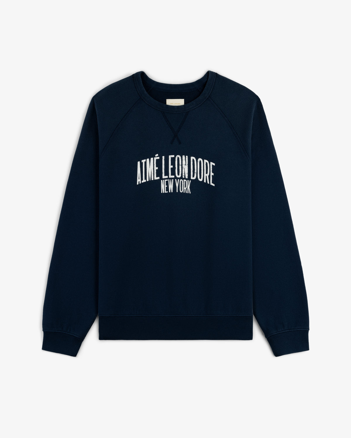 Vintage Washed Crewneck Sweatshirt in navy blue with AIMÉ LEON DORE NEW YORK printed in white on the front.