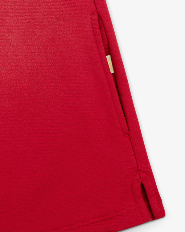 Close-up of the Sun Faded Crest Quarter Zip in red, featuring a side pocket and small side slit on white background.