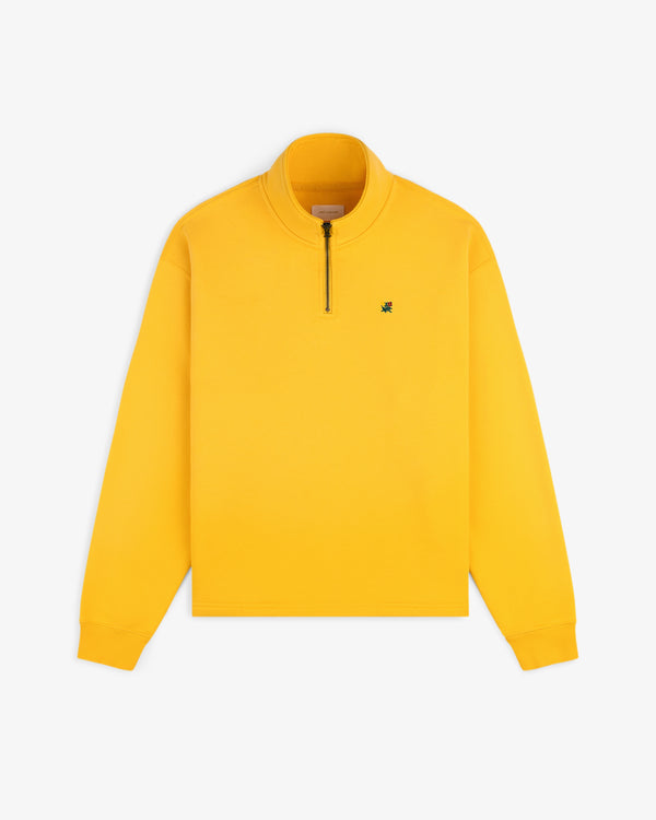 Sun Faded Crest Quarter Zip in bright yellow with a small embroidered chest logo, laid flat on white.