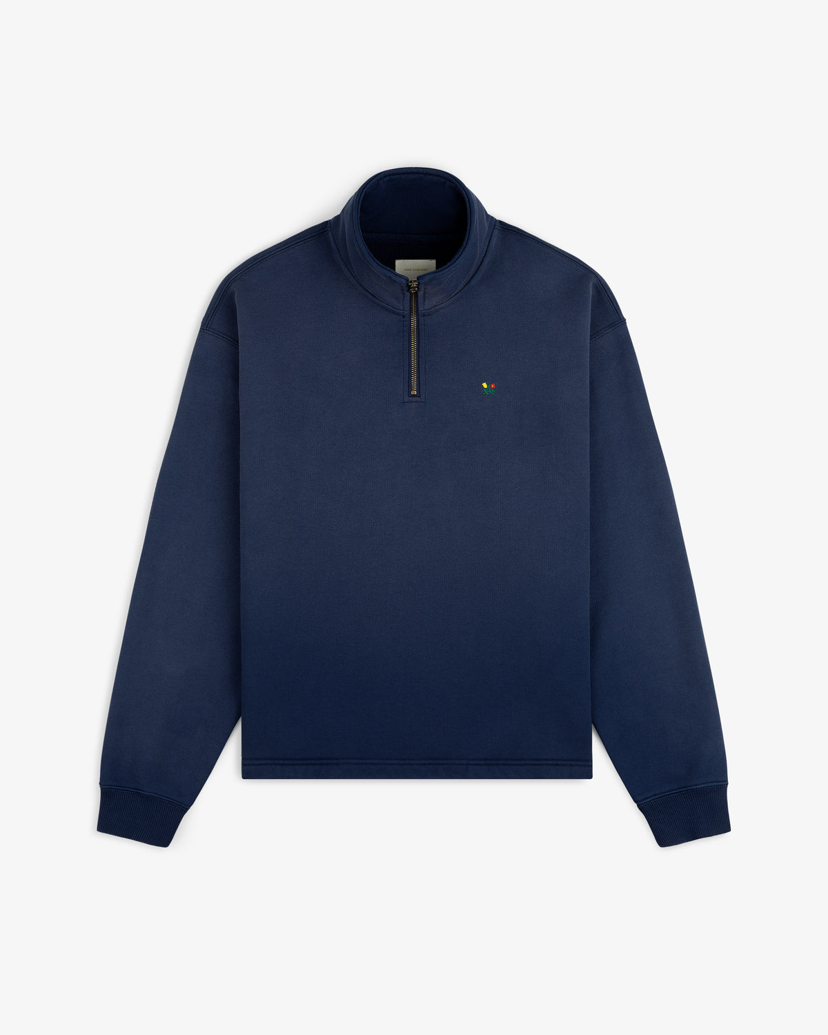Sun Faded Crest Quarter Zip in navy blue with small embroidered logo on left chest, shown flat on white background.