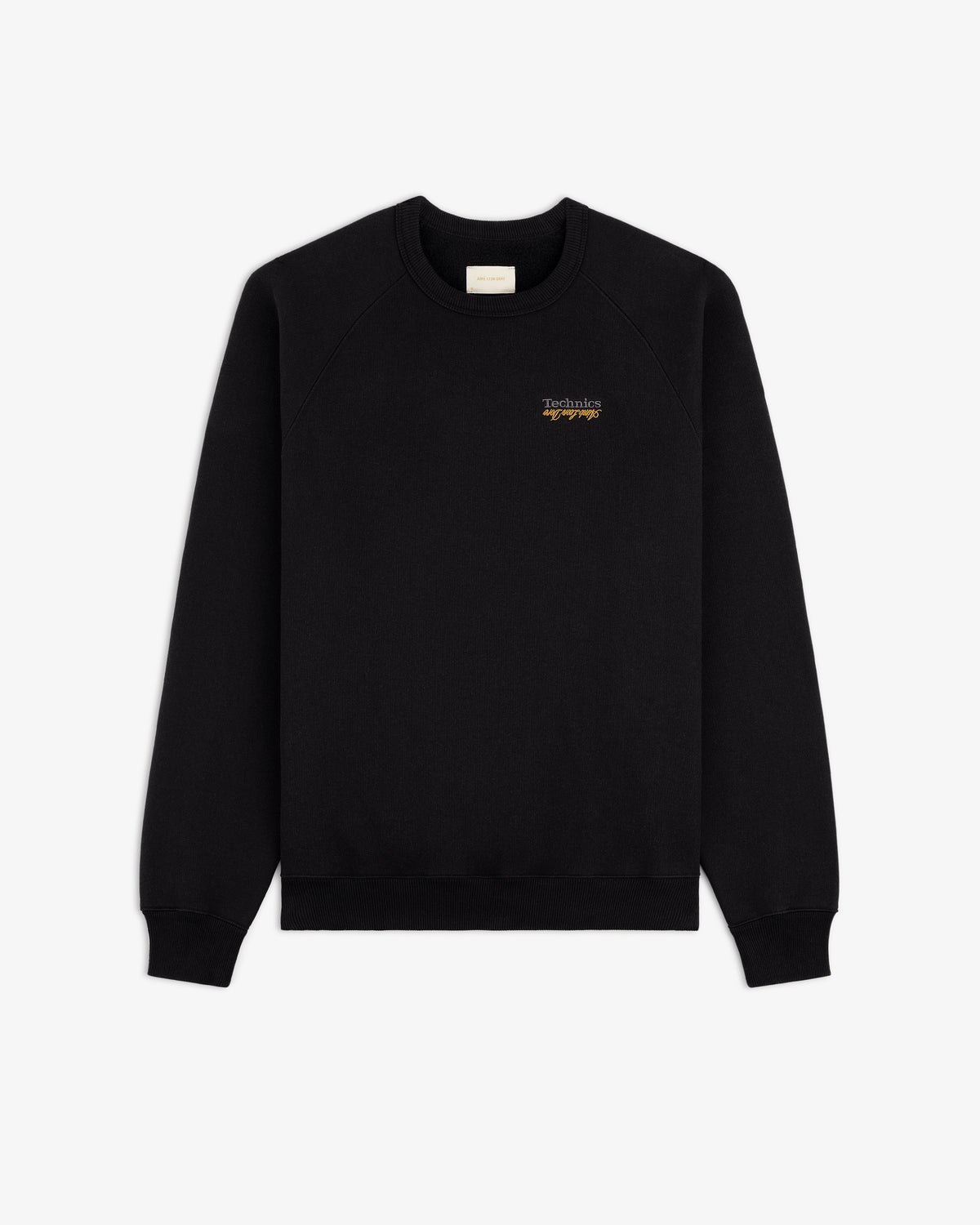 ALD / Technics World Champions Crewneck in black with small yellow text on left chest, shown on white background.