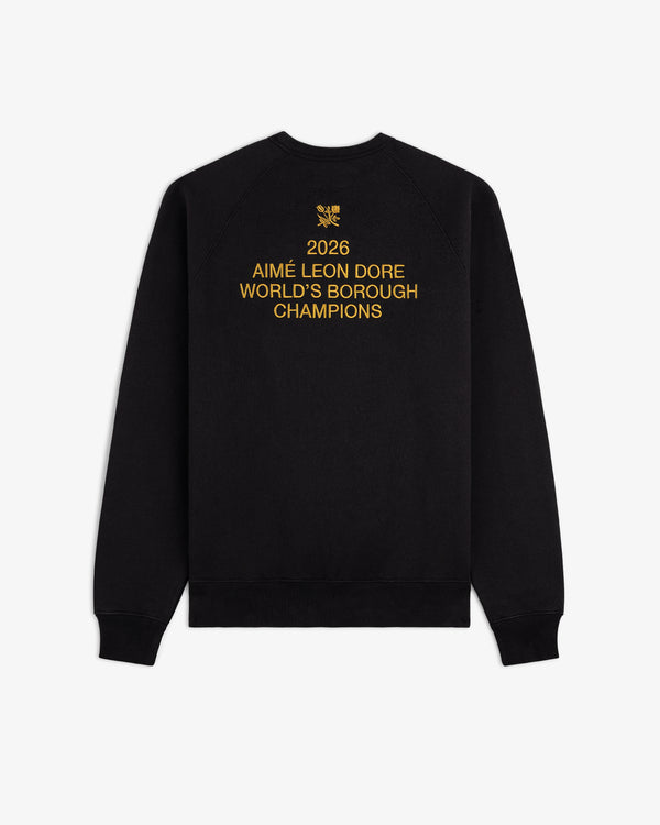 Black ALD / Technics World Champions Crewneck with gold "2026 Aimé Leon Dore Worlds Borough Champions" on the back.