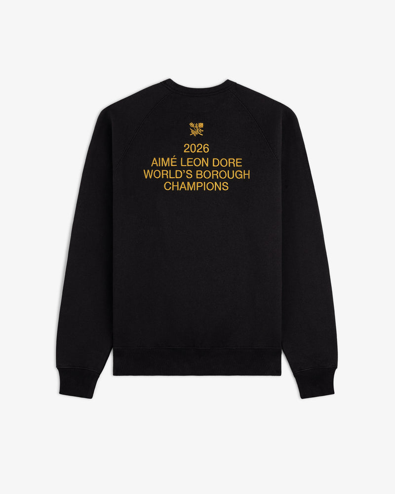 Black ALD / Technics World Champions Crewneck with gold "2026 Aimé Leon Dore Worlds Borough Champions" on the back.
