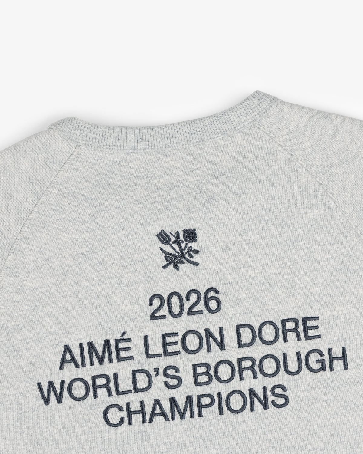 ALD / Technics World Champions Crewneck: Gray sweatshirt with black “2026 Aimé Leon Dore World’s Borough Champions” text and floral logo.