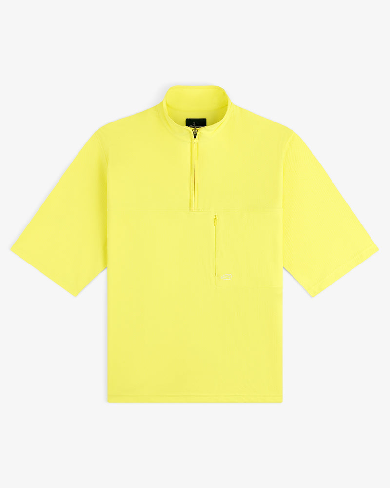 Bright yellow ALD Golf Quarter Zip Pullover with short sleeves and a chest pocket, shown on a plain white background.