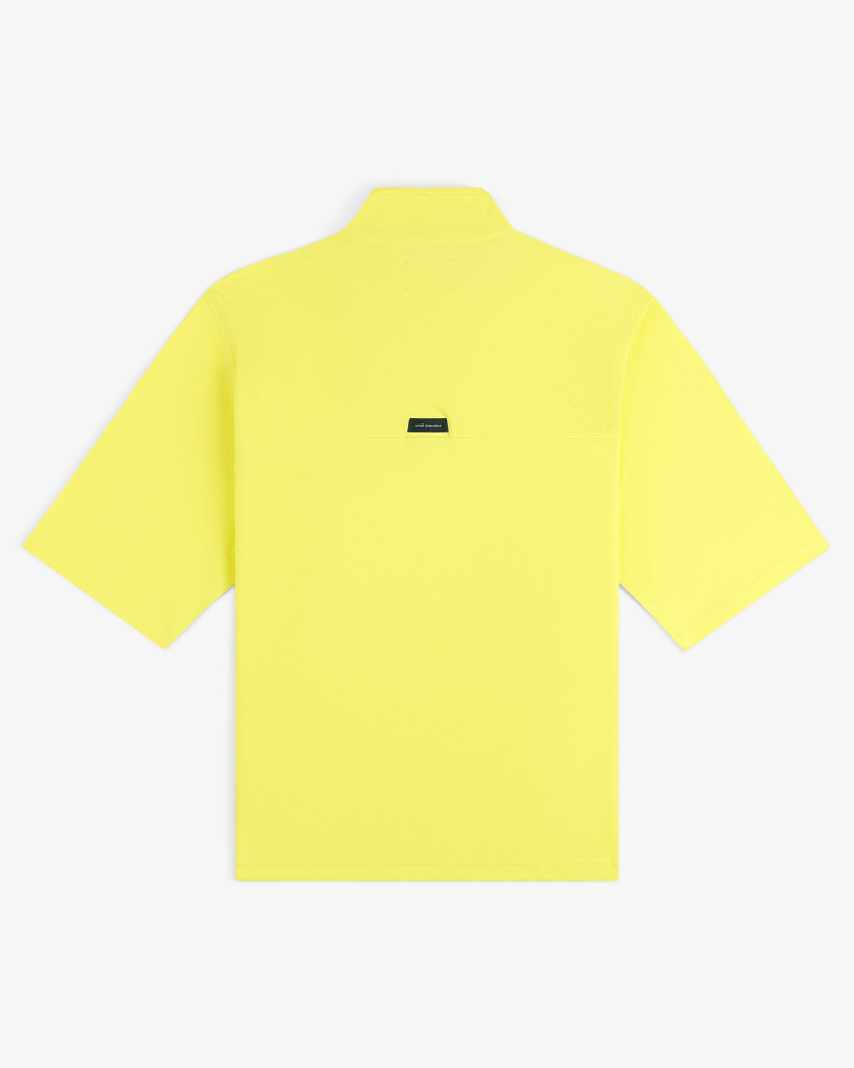 Back view of the ALD Golf Quarter Zip Pullover in bright yellow with a small black rectangular label at the center.