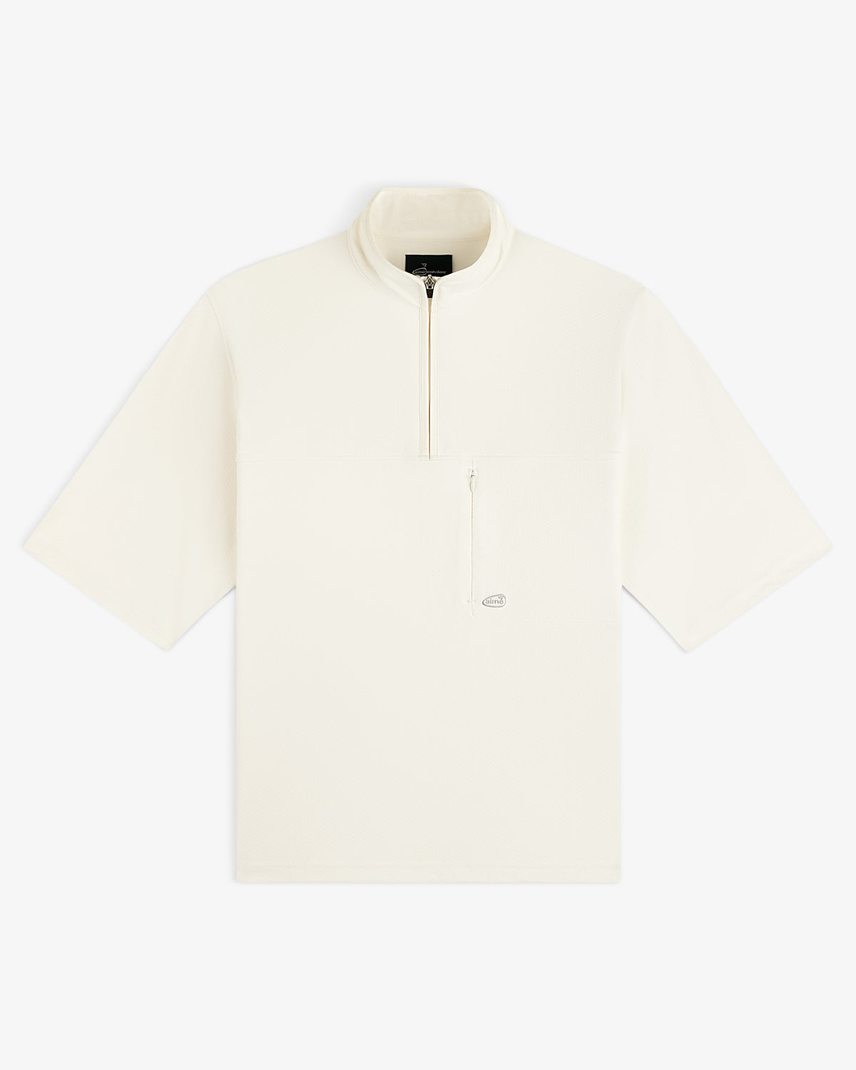 ALD Golf Quarter Zip Pullover in off-white with short sleeves, stand collar, and zippered chest pocket shown on white.