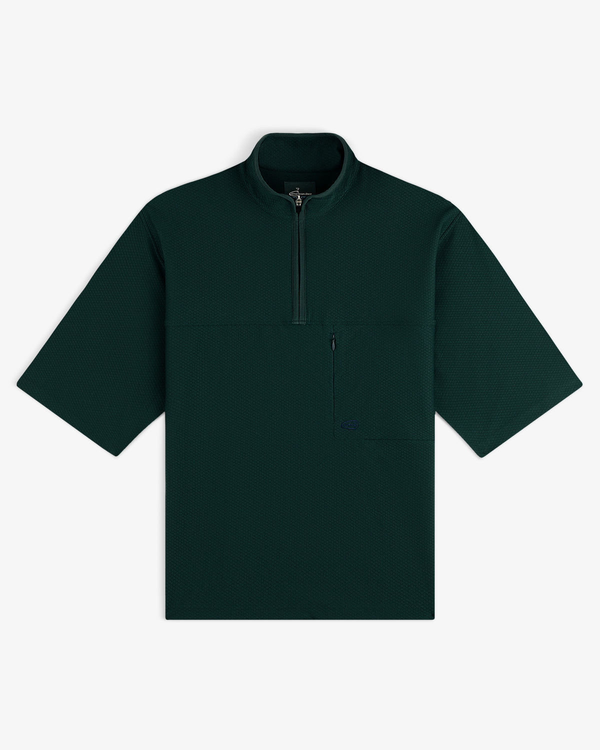 ALD Golf Quarter Zip Pullover in dark green with short sleeves and a zip chest pocket, shown flat on white.