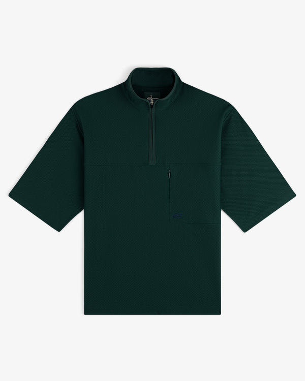 ALD Golf Quarter Zip Pullover in dark green with short sleeves and a zip chest pocket, shown flat on white.