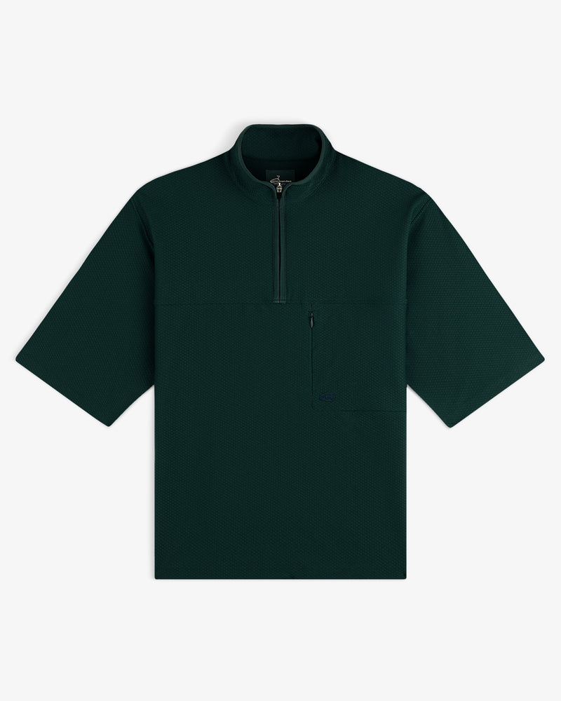 ALD Golf Quarter Zip Pullover in dark green with short sleeves and a zip chest pocket, shown flat on white.
