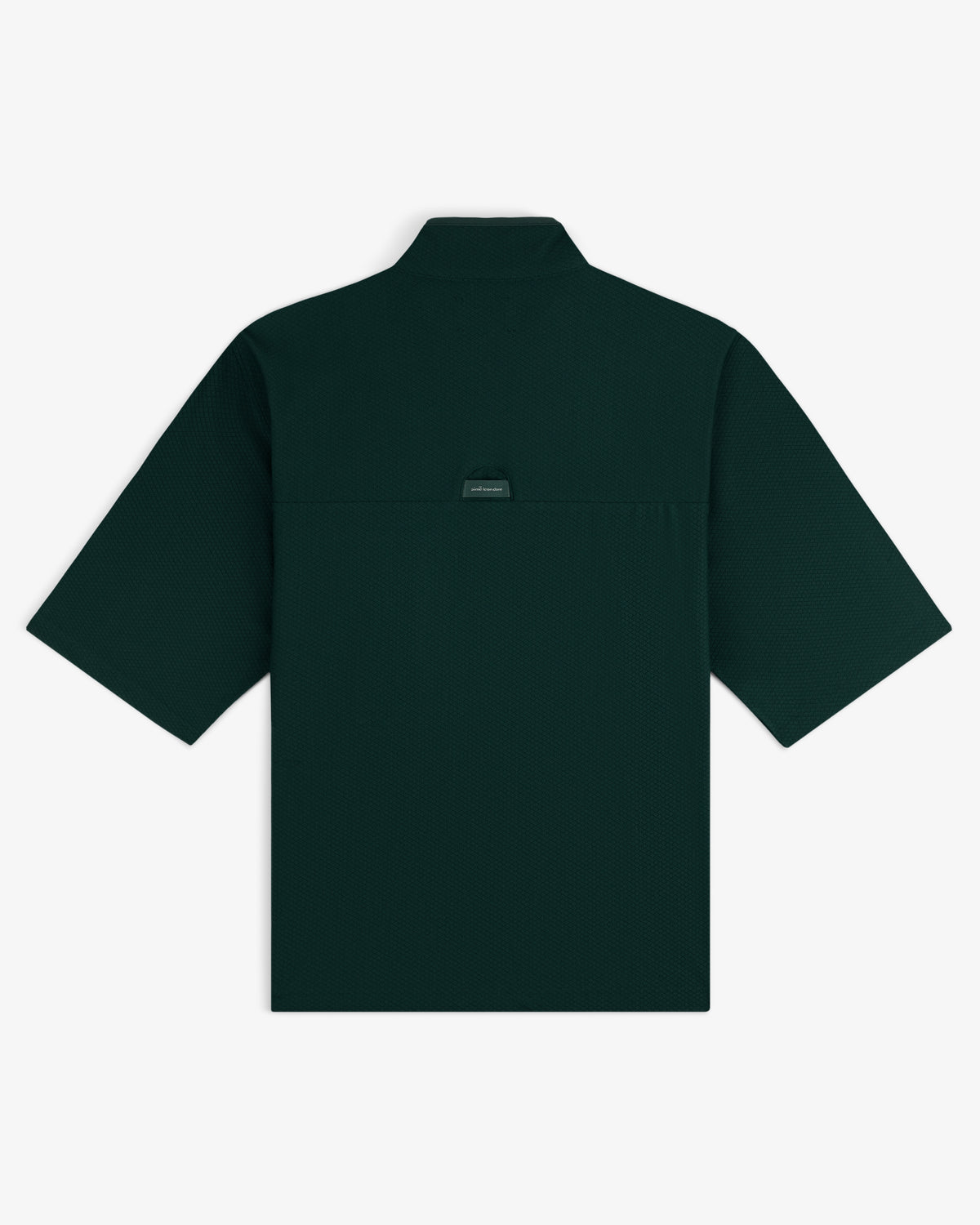 Dark green ALD Golf Quarter Zip Pullover laid flat, back view, featuring a small rectangular label below the collar.